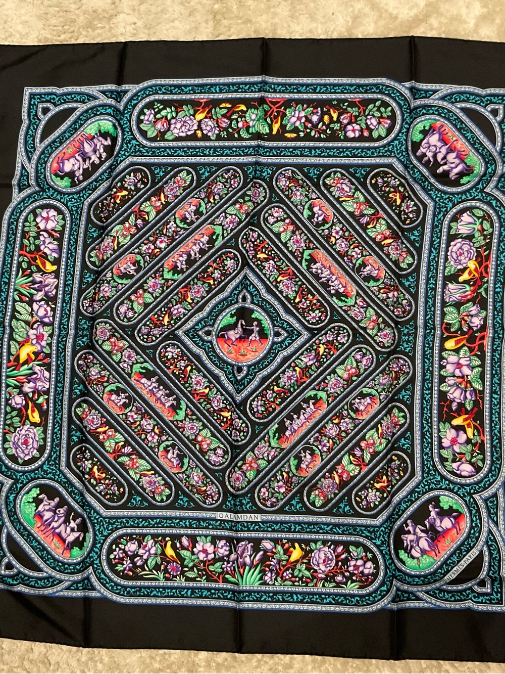 Hermes Black Floral Silk Scarf with Turquoise and Pink Accents
